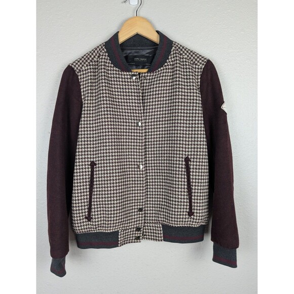 Zara Basic Jacket Womens Medium Burgundy Houndstooth Varsity Bomber Snap Lined - Picture 2 of 9